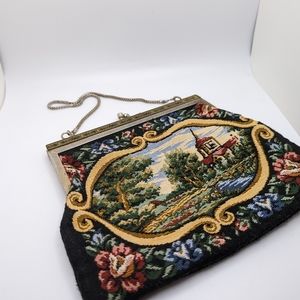 Vintage tapestry clutch embroidered black country scene purse with metal snap